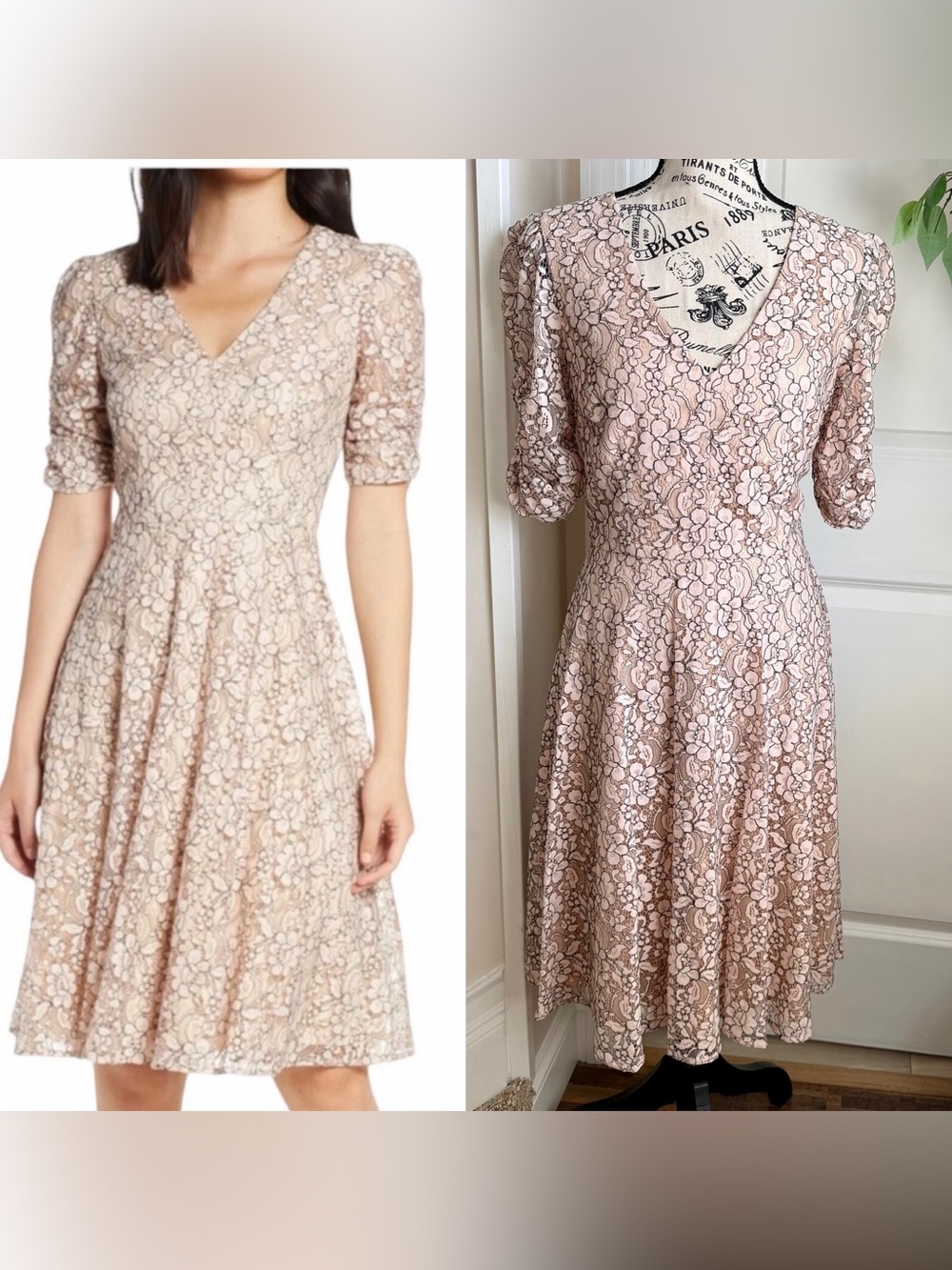 Eliza J Lace Puff Sleeve V-Neck Fit & Flare Midi Dress Blush Pink Size 8